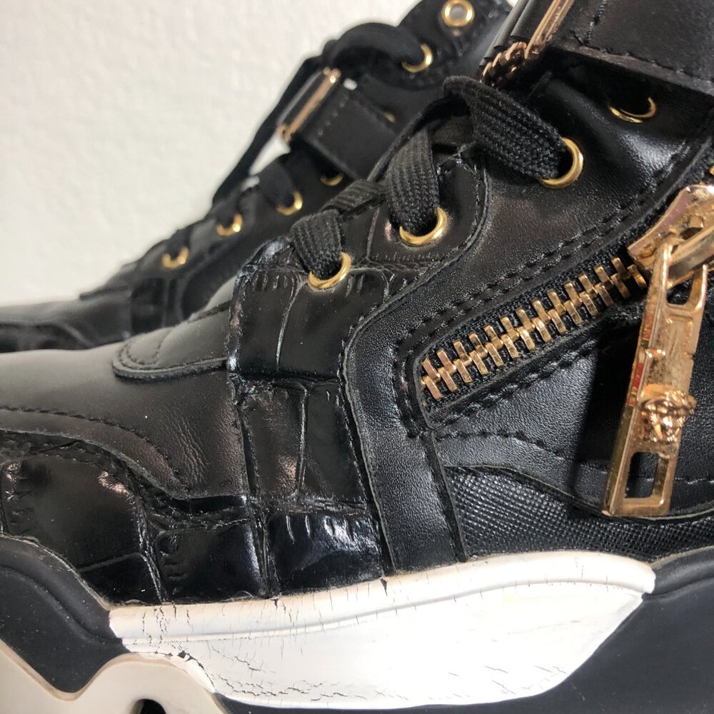 Versace Medusa High Top Sneakers – Black Leather Gold Hardware – Men’s Size 44 - Picture 6 of 14